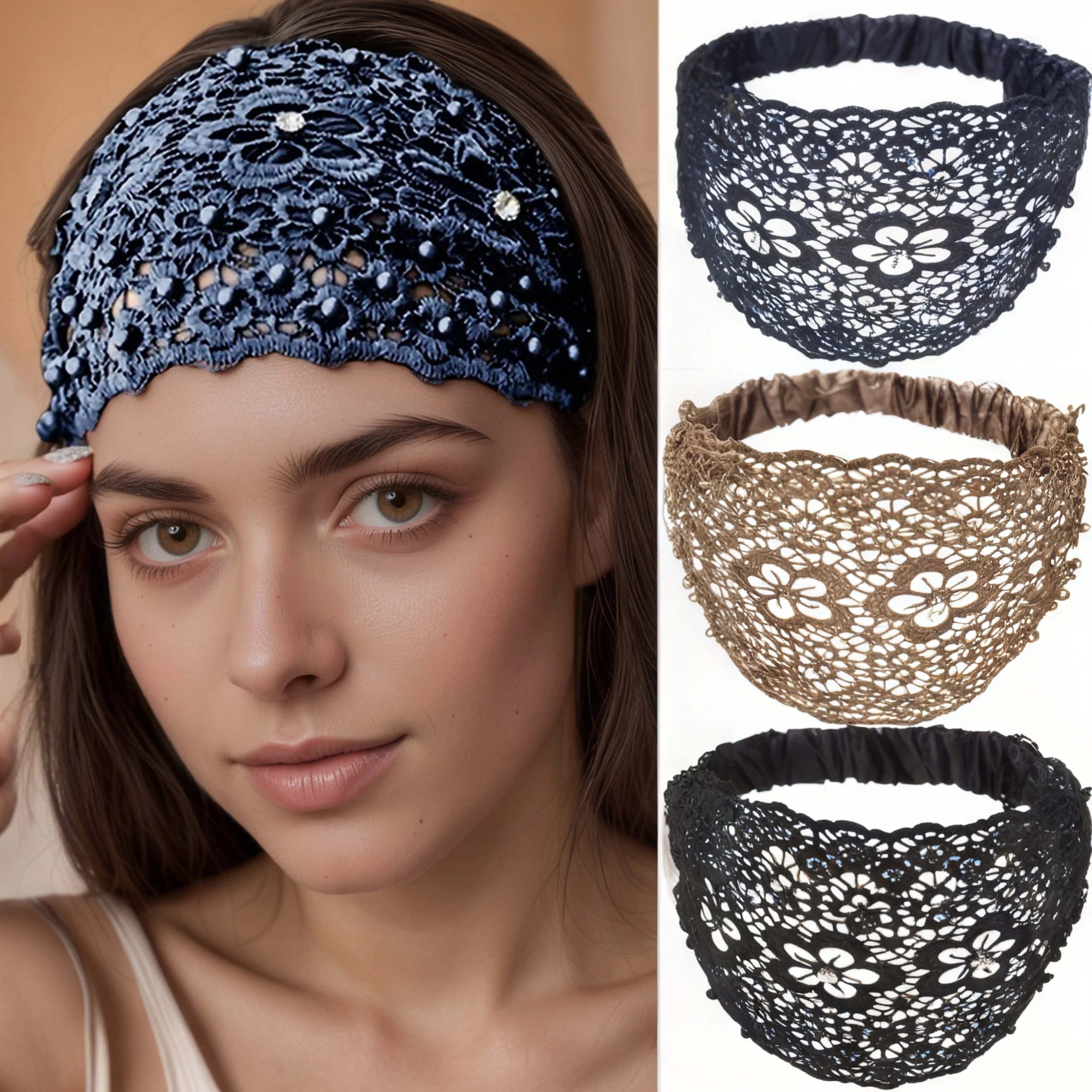 2026 Floral Hollow Out Headband New Style Beaded Wide Edge Hair Band for Women  White Hair Covering Hair Accessory Headband
