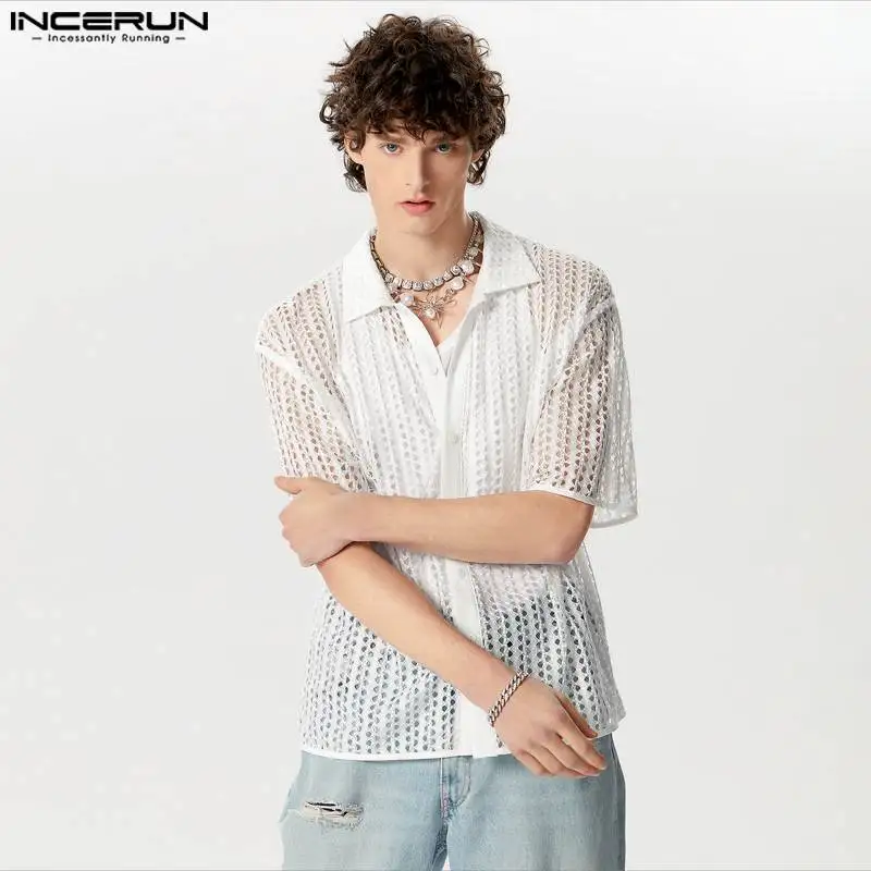 INCERUN Y-2024 Style Américain Nouveaux Hommes Creux Sexy PerconsiderThin Chemises Casual Streetwear Simple À Manches Courtes Blouse S-5XL