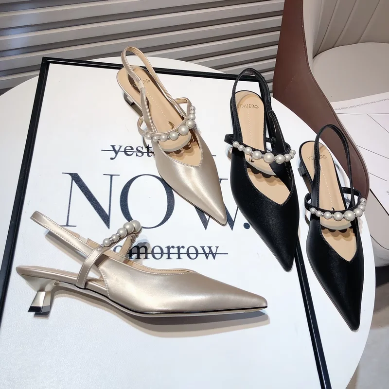 

2025 Designer French New Summer Women'spointed Toe Pumps String Bead Thin Heel Sandals Elegant Luxury Back Strap Women Shoes