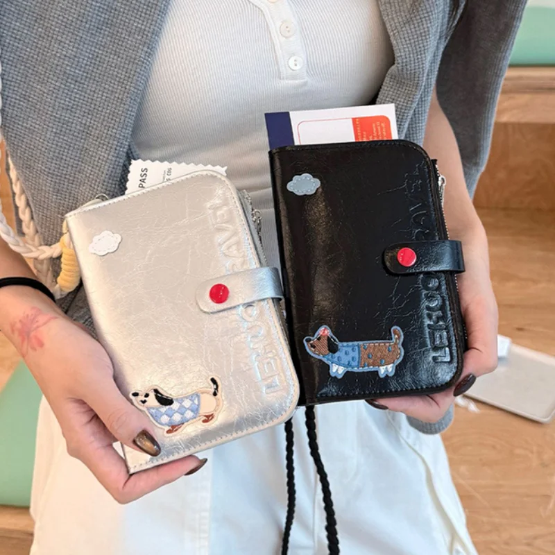 Cartoon Print Passport Holder With Lanyard Portable Multi-functional Daily Shopping Coin Purse Fashion Mini Crossbody Bag Wallet