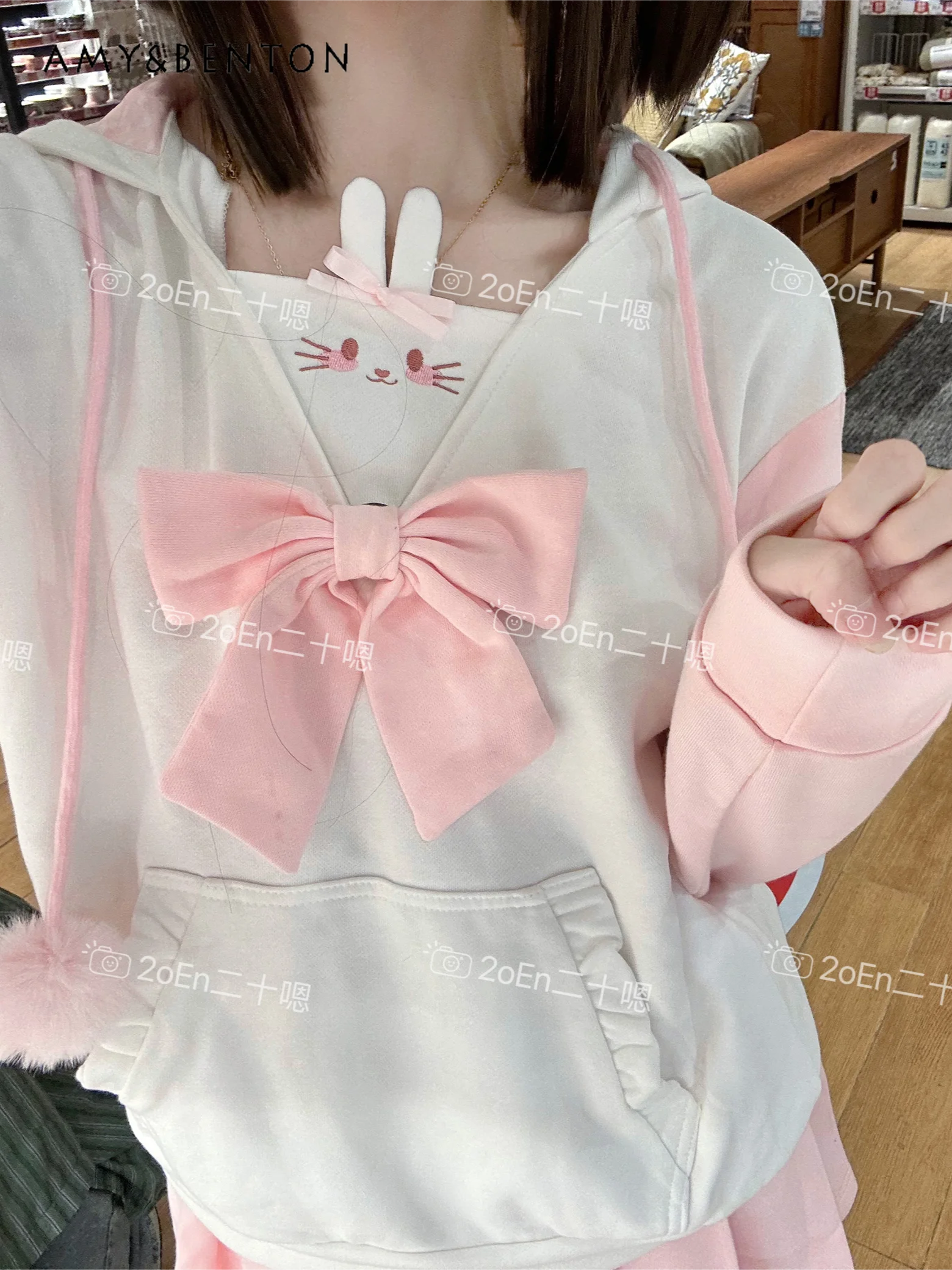 Cute Kawaii Bow Rabbit Ears Patchwork Hoodies High Waist Slim Pleated Skirt Two-piece Set Autumn New Sweet Y2K Lolita Skirt Sets