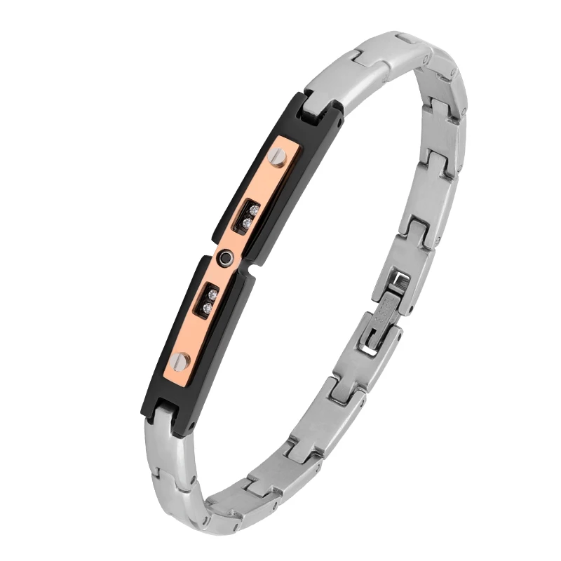 

Moocare Steel Color Chain Black Curved Rose Gold Inlaid White Zircon Men's Stainless Steel Bracelet