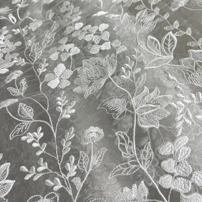 Premium Elegant Floral Leaf Embroidered Lace Fabric Wedding Dress Bridal Gown Evening Wear Formal Outfits Bridal Crafts Sheer