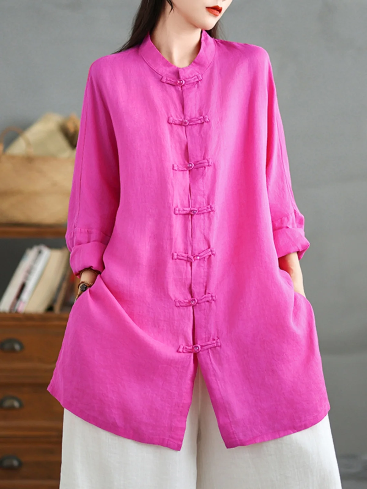 

Льняной ирт, новый женский кардиган в китайском стиле Zen Sle с воротником-стойкой и пуговицами, открытый кардиган свободного кроя, лето-осень, модная женская пи...