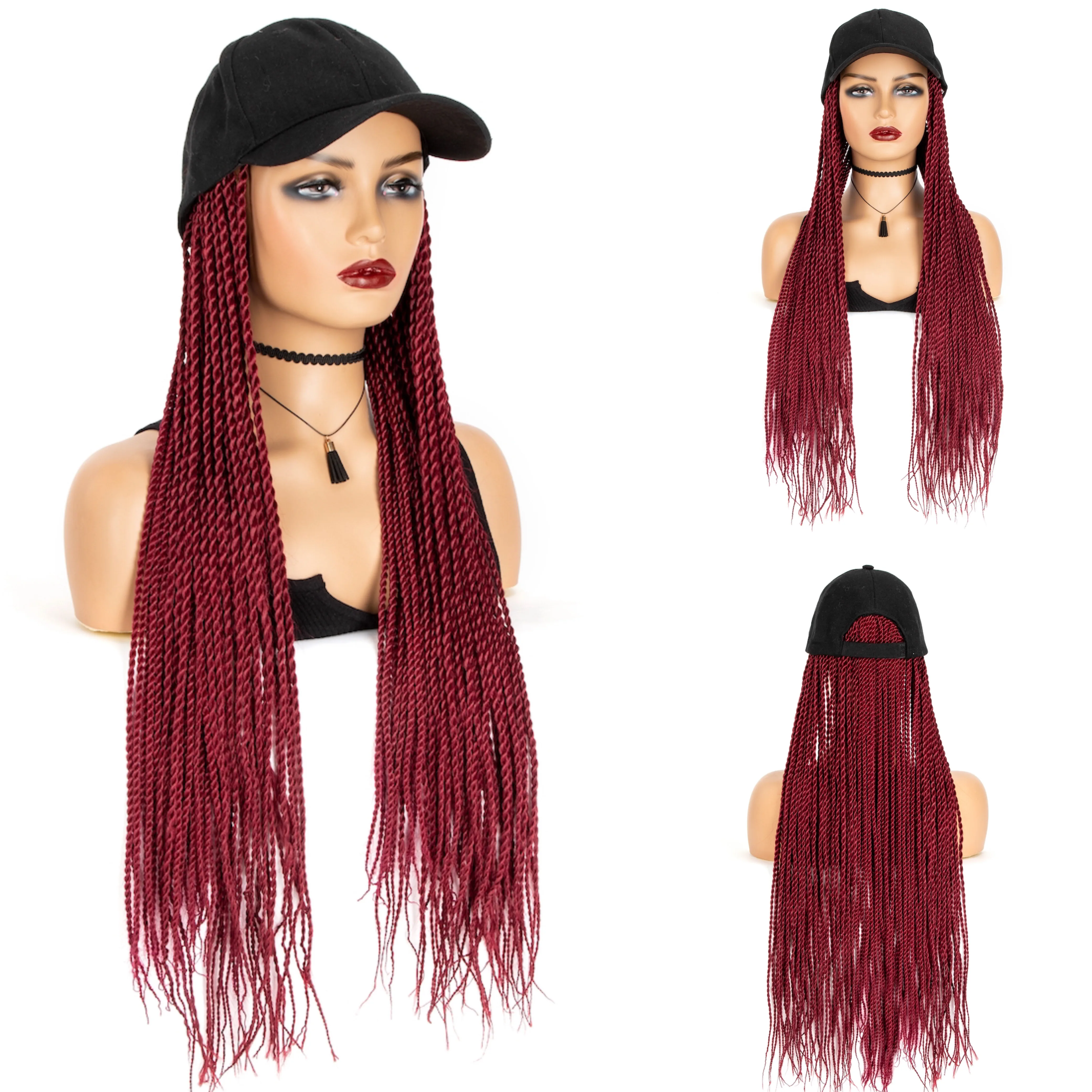 WIGERA Long 24inch Braided Synthetic Wig With Baseball Cap Hot Sale Two-strand Spring Braids Bug# Hair Extensions With Hat