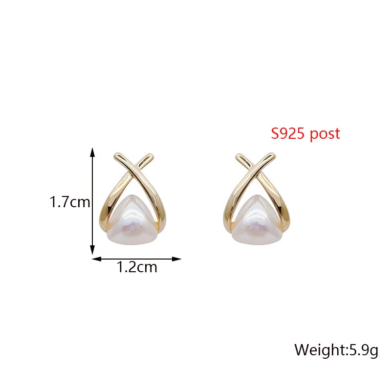 New Korean Pearl Triangle Stud Earrings Gold Color Metal Cross Tiny Earrings for Women Sweet Elegant Female Ear Jewelry brincos