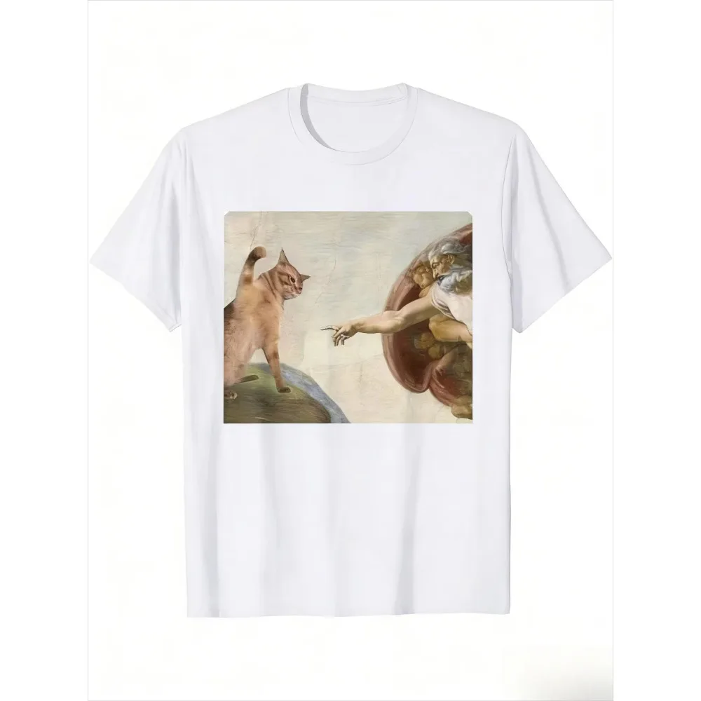 Funny Cat God Creation of Adam Meme T-Shirt Art Parody Short Sleeve Tee Creative Graphic Gift for Men Women Trendy Streetwear