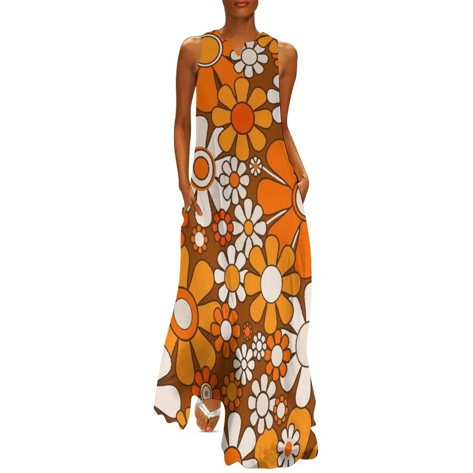 Retro Garden Flowers Groovy Floral Cheerful 60s 70s Pattern 2 Orange Brown and Beige Long Dress Dress women Dress