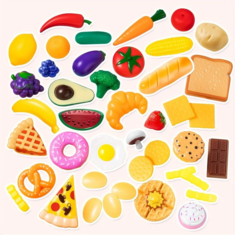 Joyfy 50 peças kit de brinquedos de cozinha talheres manequim frutas legumes acessórios de plástico para crianças presente de aniversário de natal.