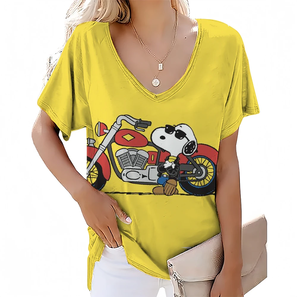 Snoopy print Design Minimalist Print Comfortable Women's V-neck T-shirt Summer Vitality Street High Quality Short Sleeved Top ﻿