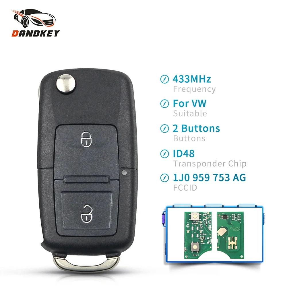 Dandkey 5pcs Car 433MHz ID48 Chip Flip Remote Key 1J0959753AG For VW For Seat Arosa Cordoba Ibiza Leon Toledo Vario 2002 - 2009