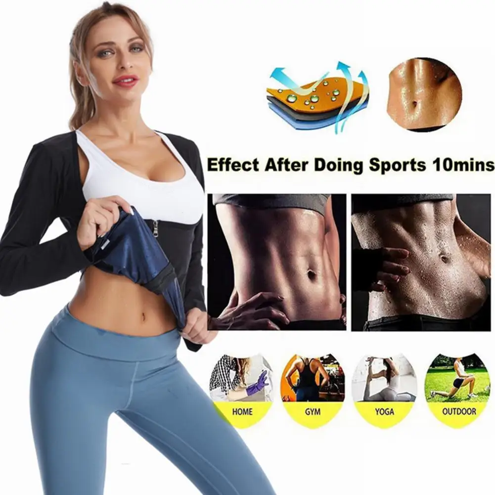 LISA SWEAT Sauna Suit For Women Sweat Body Shaper Hot Waist Trainer Long Sleeve Zipper Shirt Workout Top Silver