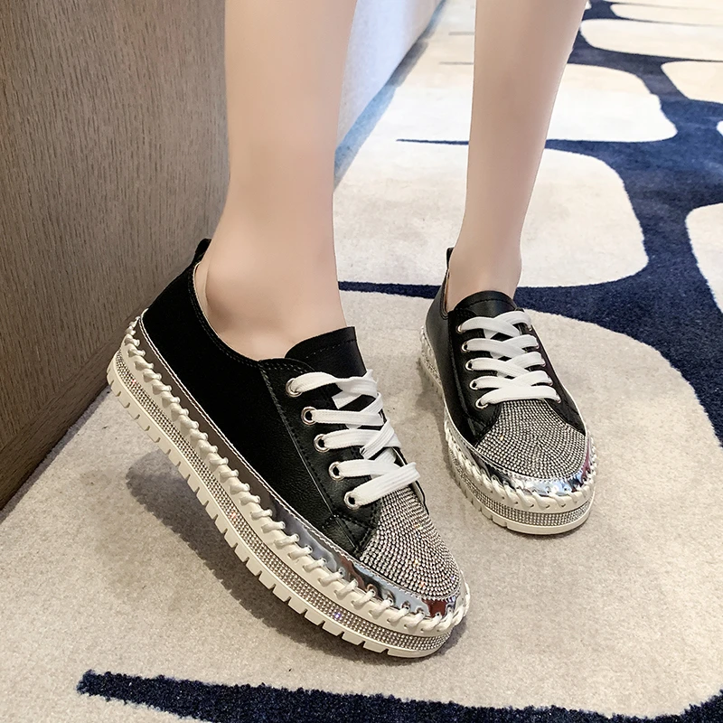 Women's large size flat single shoes autumn new round head deep mouth rhinestones lace-up seam thick soled loafers