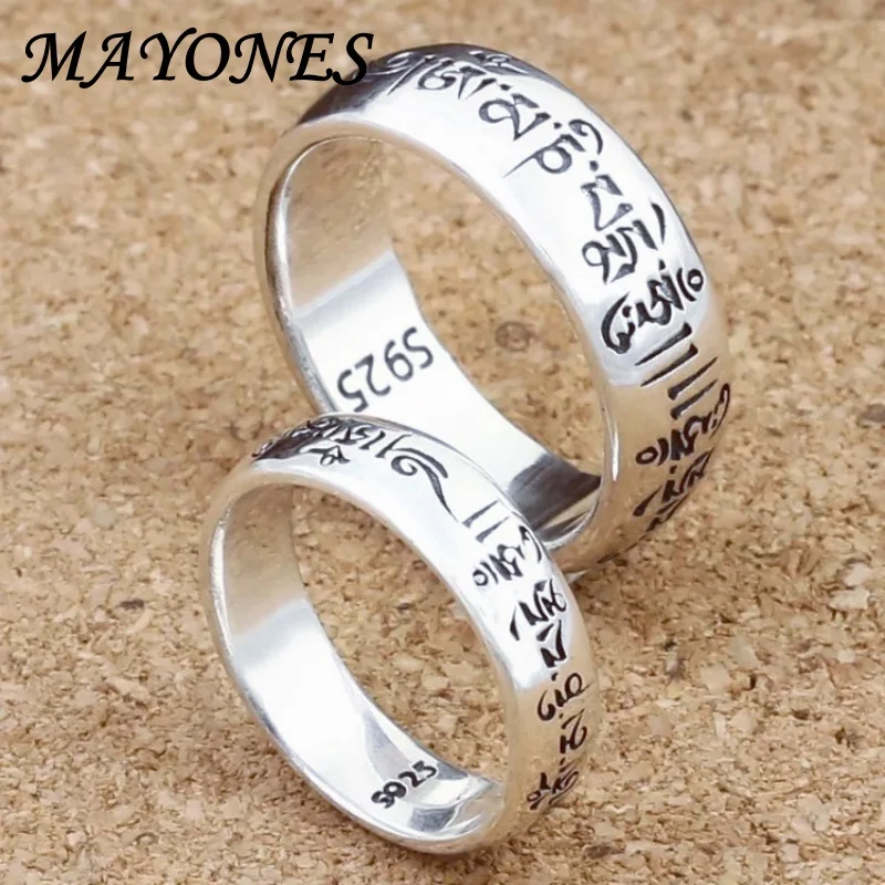 S925 Sterling Silver Charm Ring with Six Character True Words Retro Thai Silver Couple Ring Personalized Valentine's Day Gift