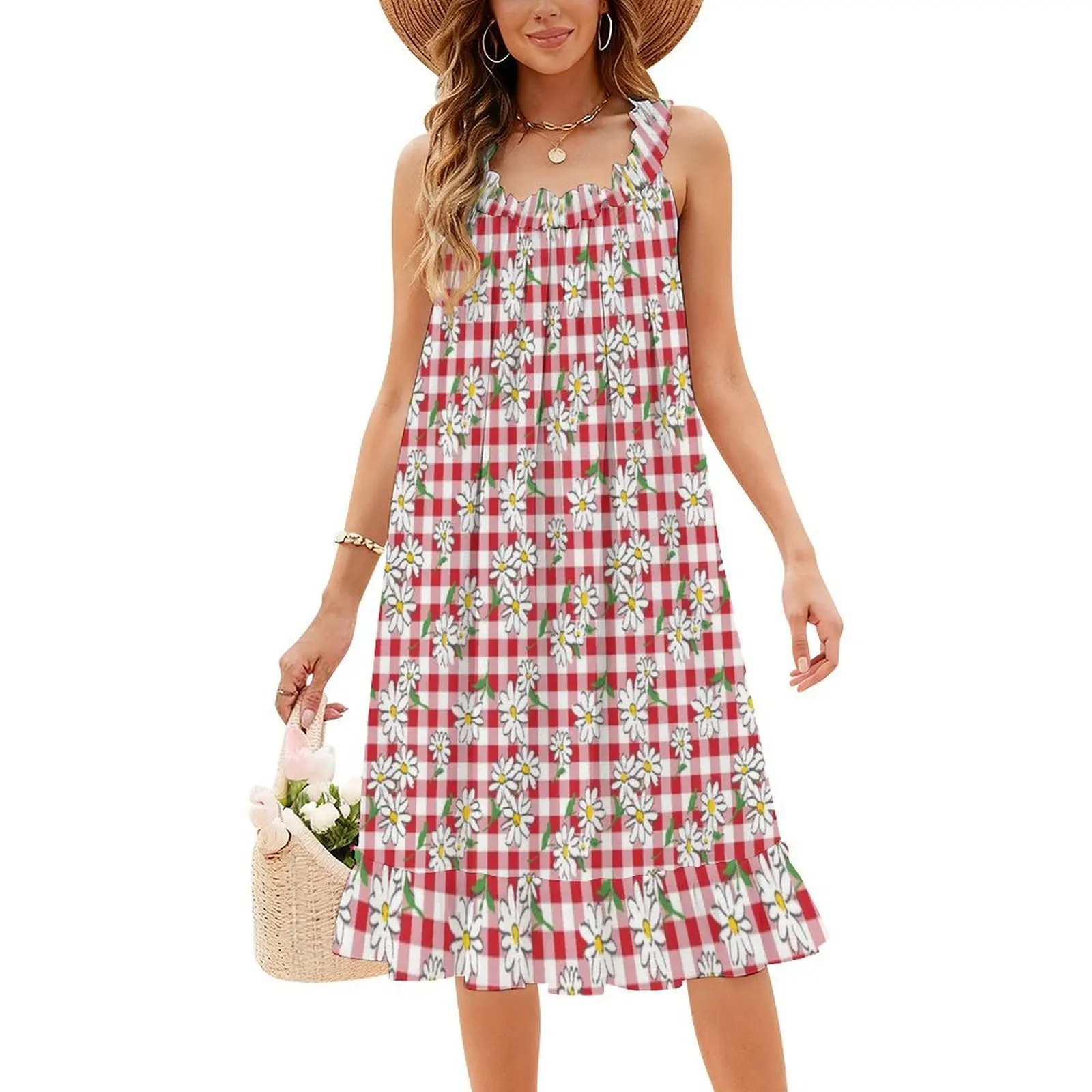 Marguerites sur vichy rouge robe bohème sans manches pour les femmes imprimer robes de fête de plage marguerite marguerites fleurs rouge vichy soirée