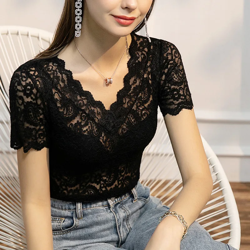 Summer New Lace Short-sleeved Bottoming Shirt Women\'s V-neck Slim Sexy Hollow Inner Top Y2k Clothes Clothing Tops