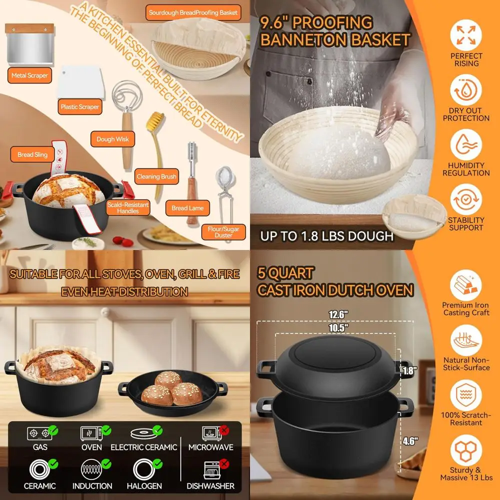 

Чугунная жаровня 2-в-1 с крышкой-сковородой и лопаткой, 5-квартовая, набор для выпечки и расстойки хлеба