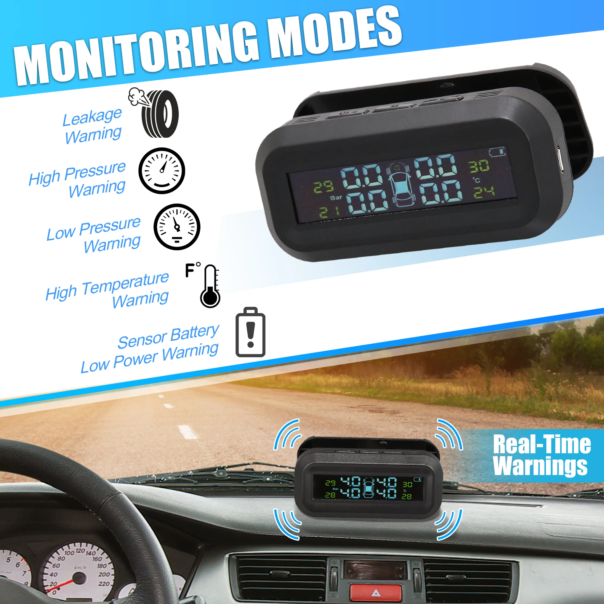 X Autohaux 1 Set TPMS Tire Pressure Monitoring System Solar Power Car Tire Pressure Monitoring System Temperature LCD Display