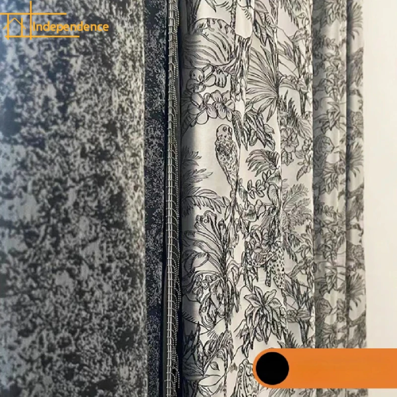 New Chinese Style Navy Plant Jacquard Lace Splicing Thickened Curtains for Living Room Bedroom French Window Customized Balcony