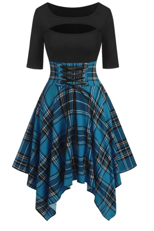 blue dress for baby girl PATCHWORK PLAID DENIM MINI DRESS – AKIRA main image 1