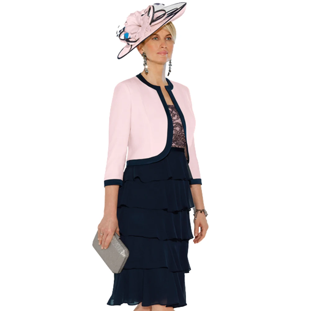 Customized Mother of the Bride Dress Elegant Pink Blazer Lace Insert Navy Tiered Dress Sophisticated Events or Daytime Function