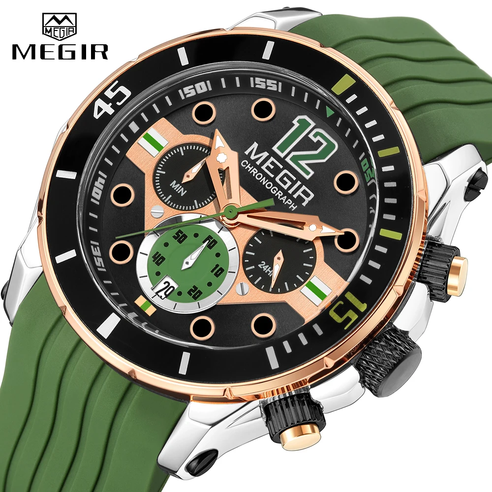 

MEGIR Mens Watch Sports Chronograph Silicone Strap Quartz Watch For Men Big Dial Waterproof Man Date Clock Male Wristwatch + BOX