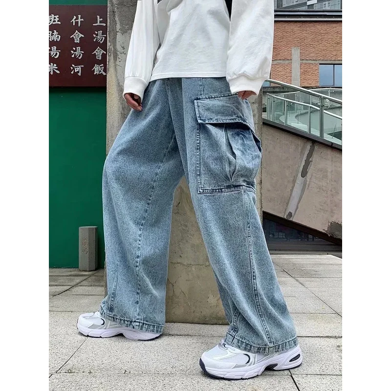 だぶだぶのジーンズメンズオーバーサイズストリートファッションワイドレッグカーゴパンツヒップホップ原宿マルチポケットデニムパンツブラックブルー
