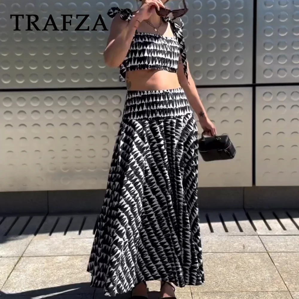 TRAFZA 2024 Spring Summer Women Print Casual Elegant Suits Fashion Strapless Sleeveless Short Tops+Chic Loose Long Skirt