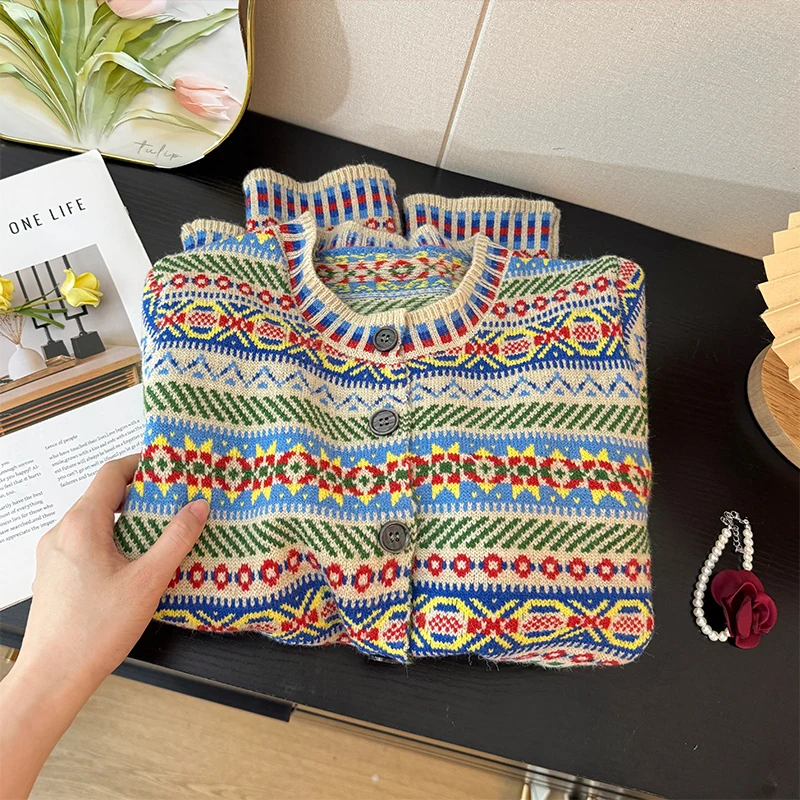 

Ethnic Style Striped Round Neck Knit Cardigan Long Sleeve Ssingle Breast Sweater For Women Loose All Match Tops