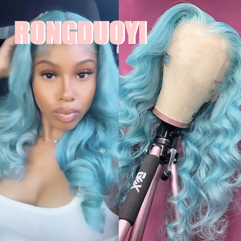 RONGDUOYI Blue Color Body Wave Synthetic Lace Front Wigs Long Wavy Natural Fiber Wig Cosplay Use Grey Blonde Black Hair