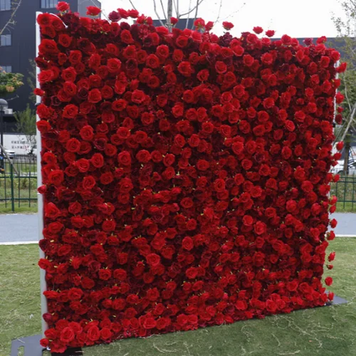 Luxury 3D Red series Cloth Flower Wall Artificial Rose Fabric Floral Wall Outdoor Party Wedding Backdrop Decor Window Display