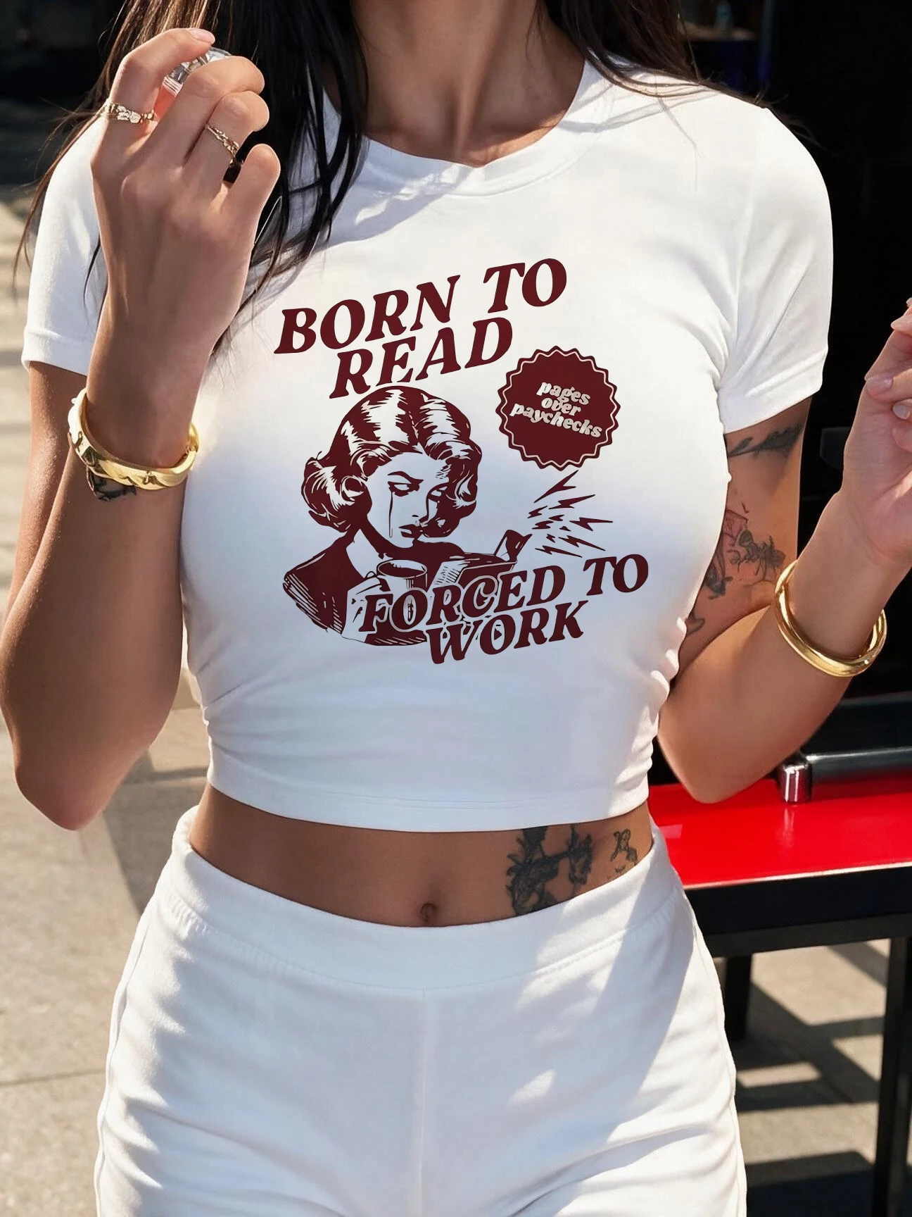 Vintage Book Lover Design Retro Crop Tops Women's Born To Read Forced To Work Graphic Cropped T Shirt Woman Illustration Clothes