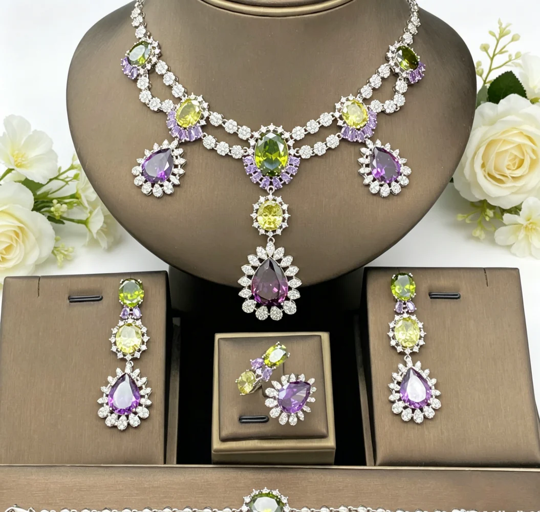 JRH 4PCS Waterdrop Women Zircon Jewelry Set Luxury Necklace Earrings Bracelet Ring High Quality Wedding Banquet