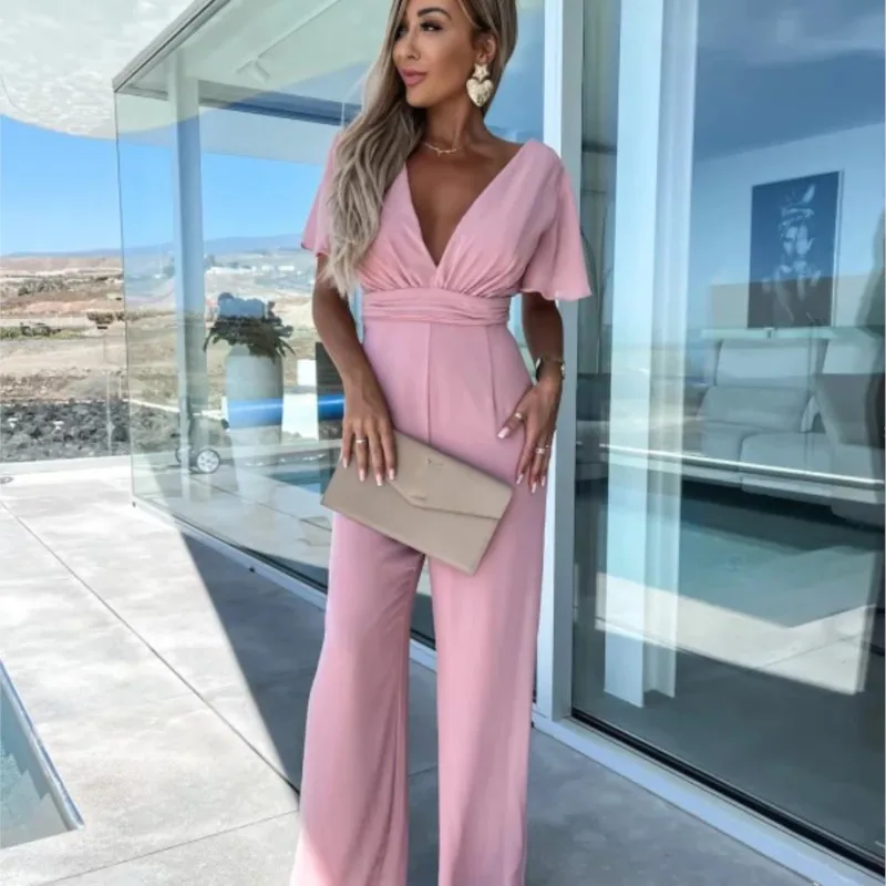 

Jumpsuit Women 2024 Sexy Backless Deep V High Waist Wide Leg Pants Lady Solid Summer Elegant Office Short Sleeve Party Playsuit