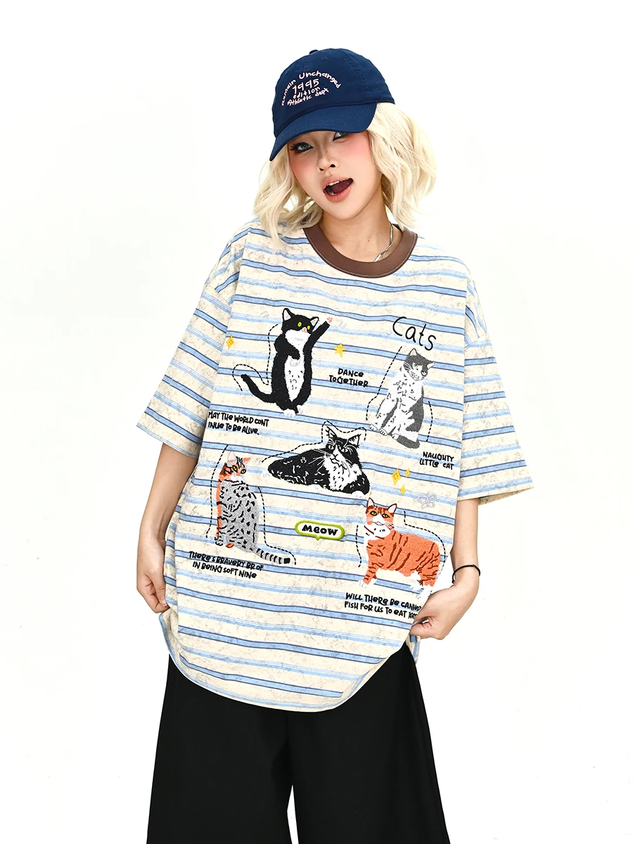 Summer New Women's Striped Short Sleeve T-shirt Loose BF American College Style Couple Tops Not Troublesome  Pattern