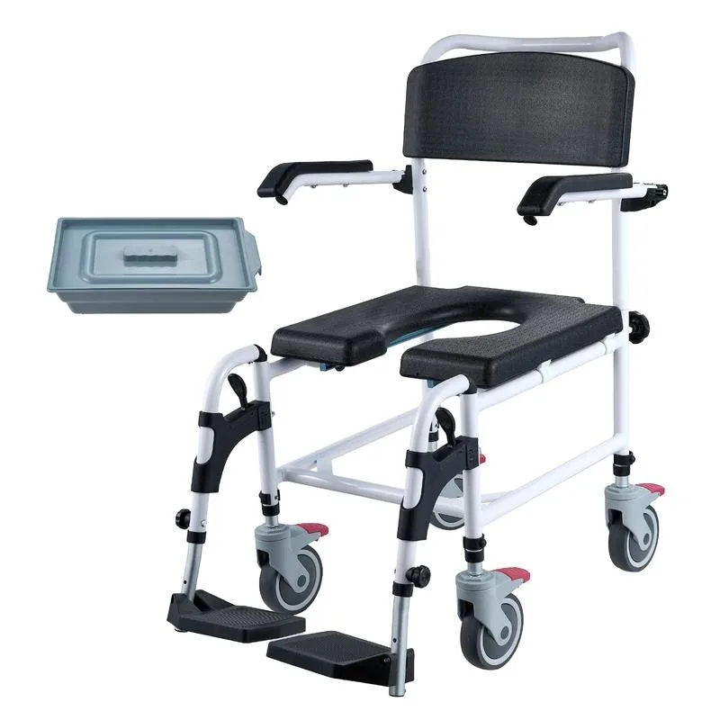 Shower Commode Wheelchair with 4 Lockable Wheels, Footrests, Flip-up Arms, 3-Level Adjustable Height, 5L Removable Bucket, 350 LBS Capacity, Commode Chair for Adults Seniors