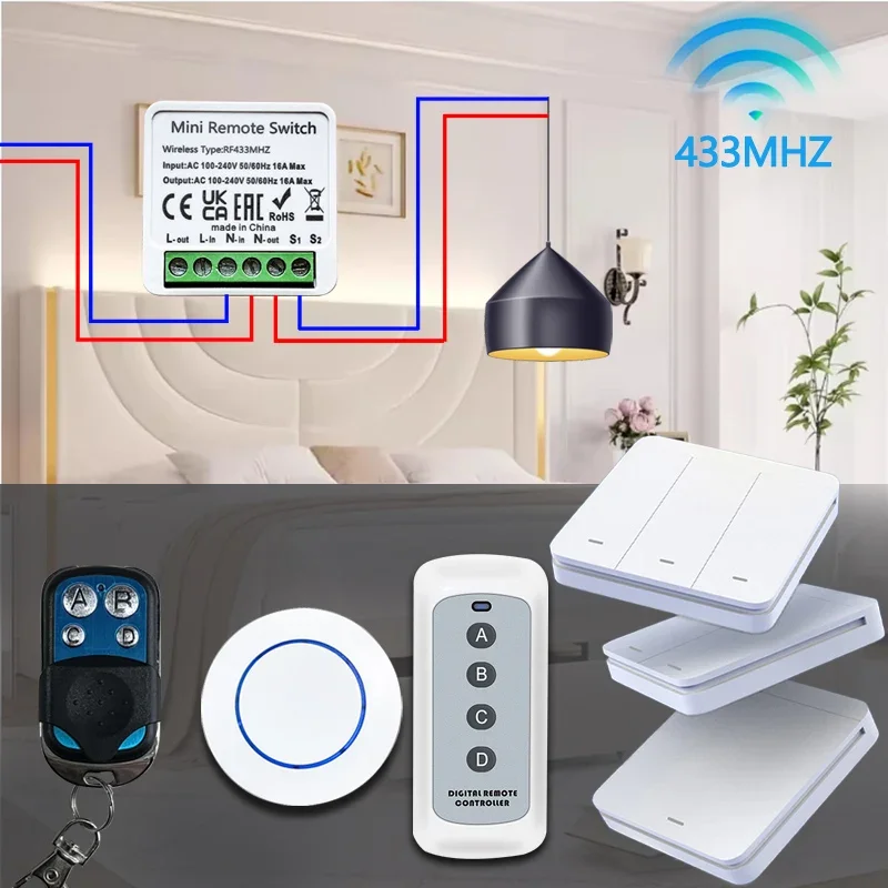

Smart Home Wireless Switch RF Transmitter 433MHz 16A Relay Receiver Module 2-Way Control Switches Remote Control AC100V-240V DIY