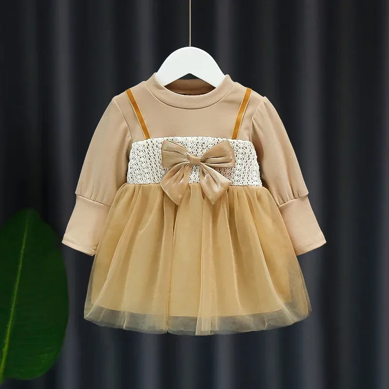 Spring Autumn Girl\'s Dress For Kids Girls Cotton Bow Long Sleeve Voile Dress New Foreign Style Korean Version Newborn Clothes