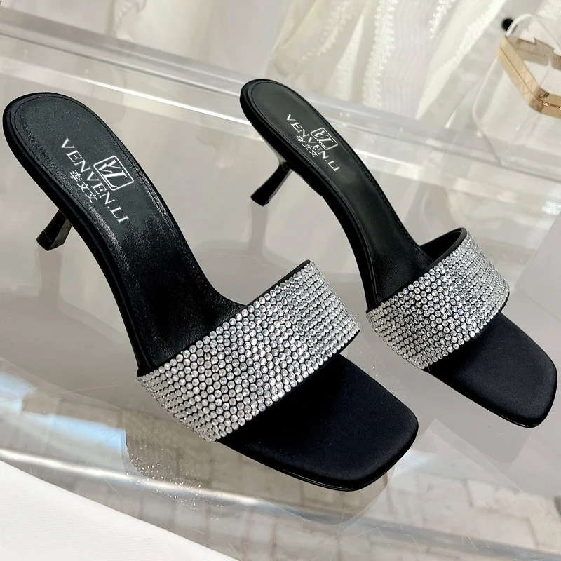 

Italian silk hot drill fabric high heel sandals, square head crystal diamond women's slippers moccasin upper, box dust bag