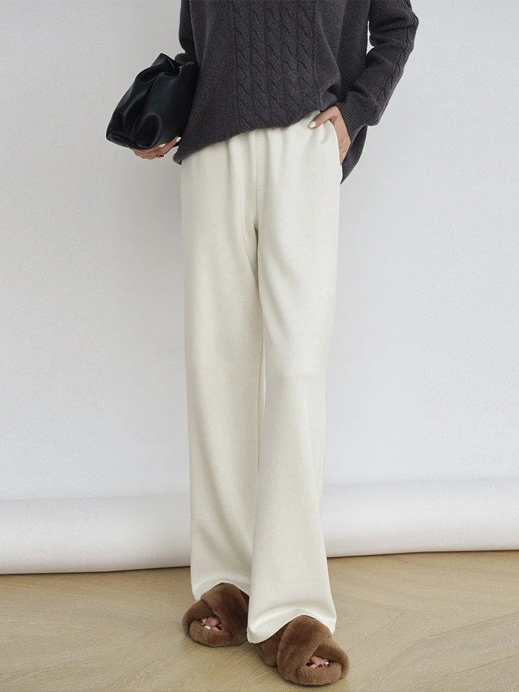 QCEO Thickened Fleece Wide Leg Pants Autumn Winter Drape Straight Knitted Casual Year Cake Pants Women High Waist Elastic