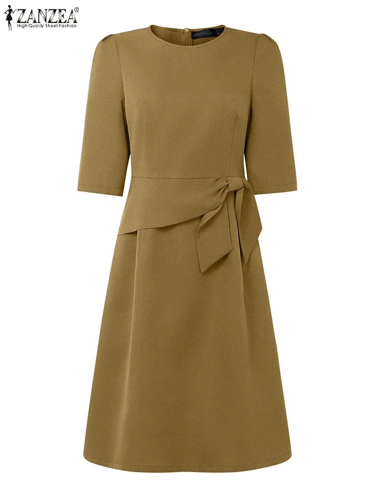 2025 ZANZEA Office Lady Vestito estivo Lace-Up Donna Abito al ginocchio Tinta unita Casual Abito allentato Mezza manica Arco Abiti da festa