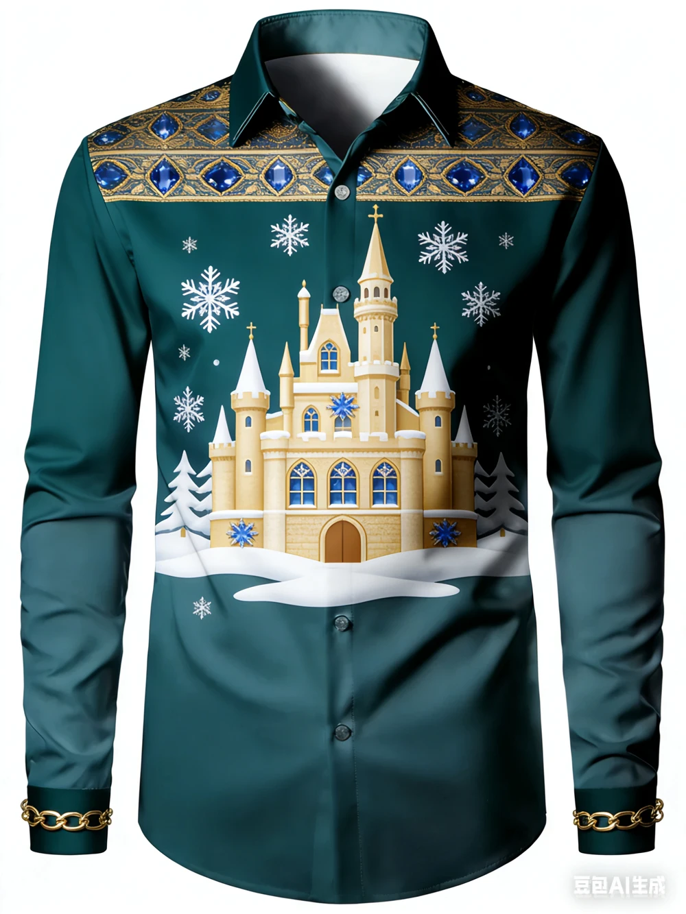 

2026Men's Retro European Castle Christmas 3D Printed White Shirt Hawaiian Beach Shirt Outdoor Party Long-sleeved Clothes for Men