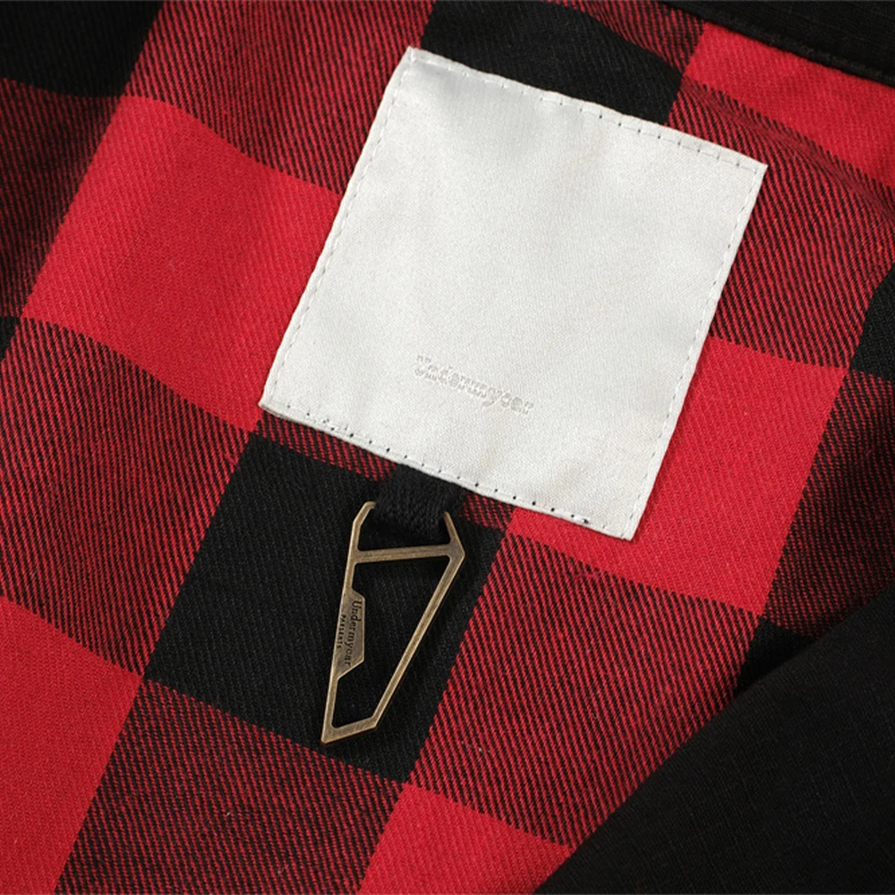 Undermycar 2023 New Worn Out Heavy Work Durable Splice Extra Large Loose Plaid Shirt with Black and Red Plaid