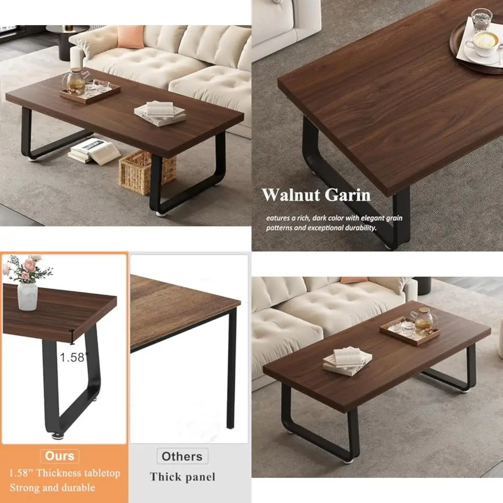 Rustic Walnut Modern Coffee Table, Rectangular Industrial Style Living Room Furniture, Simple Farmhouse Wood Centerpiece