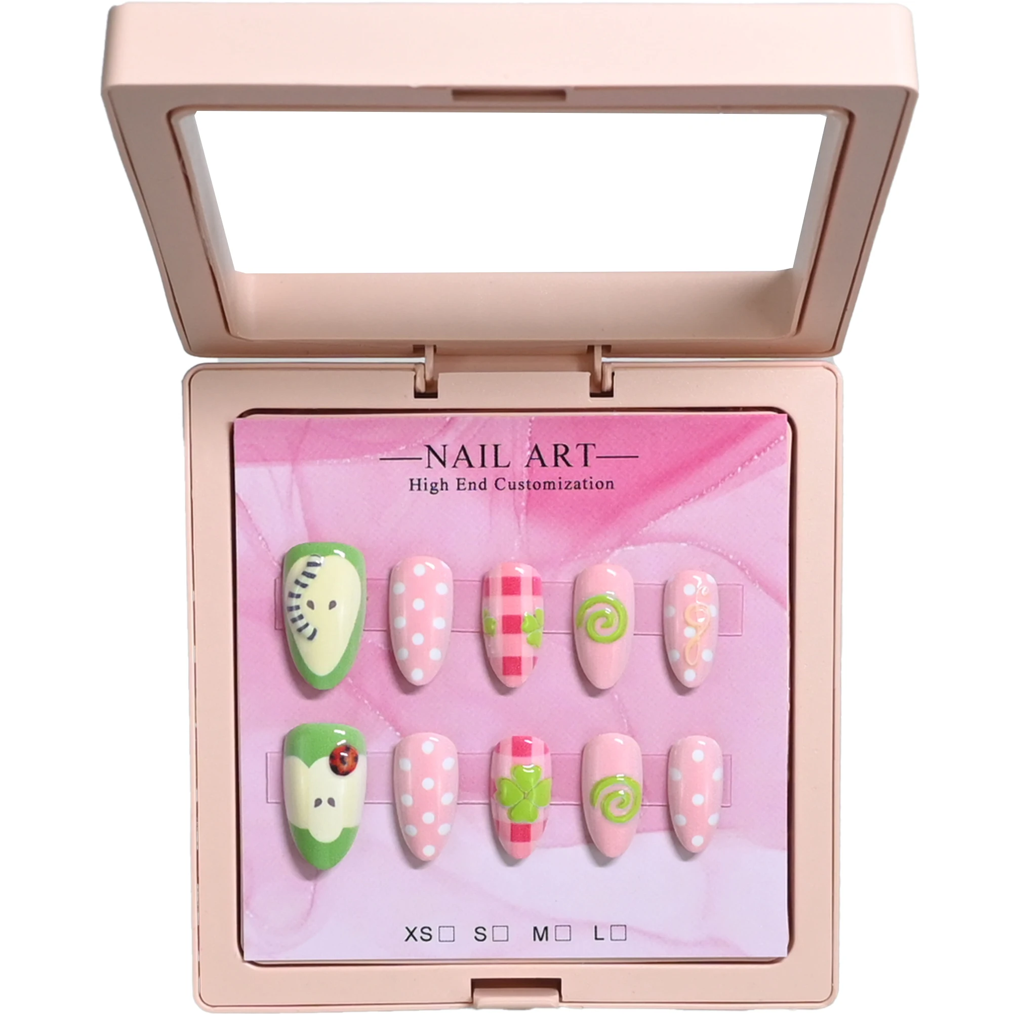 10 handmade almond nails in pink gift box. Avocado-themed with polka dots, checkered print & clover. Reusable, playful style per