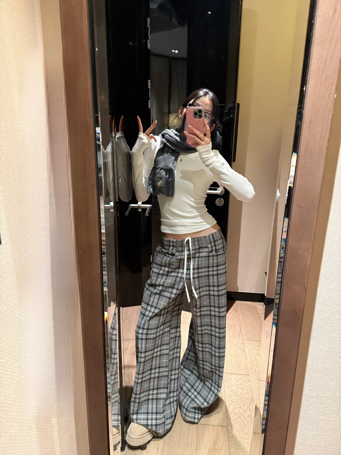 

Женские широкие брюки в клетку 2-в-1: весенние, в корейском стиле, ретро, прямые, длинные, повседневные, из дышащего полиэстера