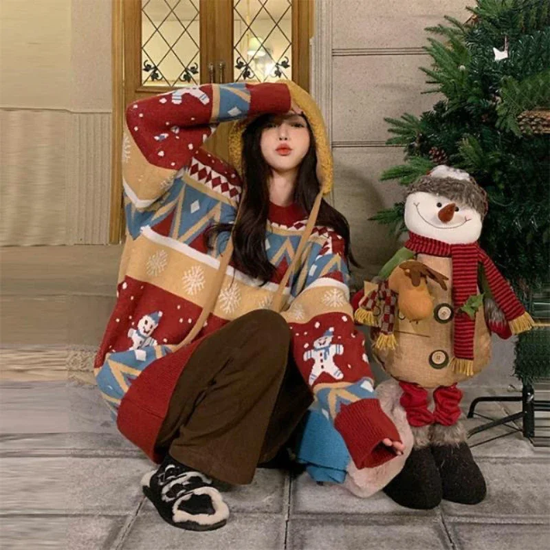 Women's Pullover Autumn Winter New Japanese Diamond-shaped Red Knit Sweater Men and Woman Vintage Christmas Loose Tops