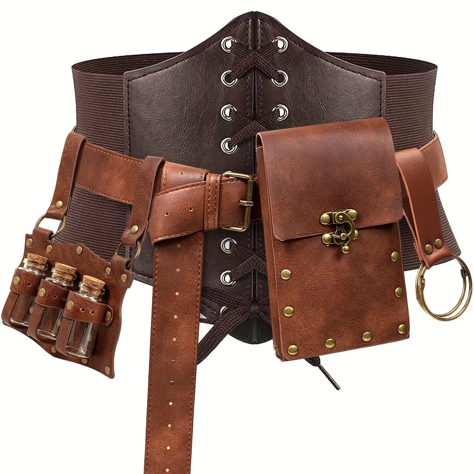Medieval PU Leather Lace-up Corset  Waist Belt with  Fanny Pack Cork Potion Bottle  Skirt Clip for Stage Performance Cosplay Party
