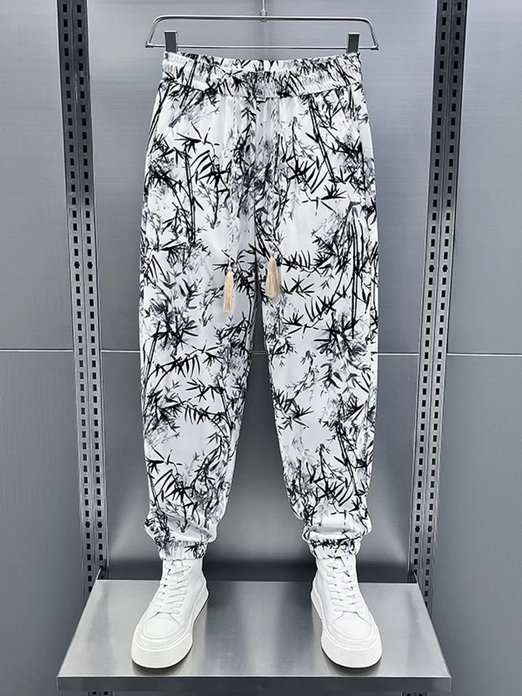 Premium Spring Summer Men's Casual Pants Ice Silk Drapey Cuffed Nine Points Versatile Print Korean Style Trendy Long Trousers