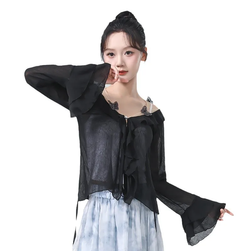 ملابس نسائية صيفية جديدة شبكية على شكل فراشة بأكمام طويلة قافية للجسم ملابس ممارسة الرقص الكلاسيكي ملابس أداء علوية